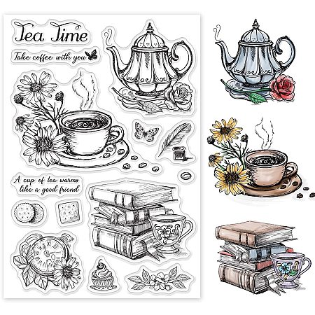 GLOBLELAND 1Sheet Afternoon Tea and Book Clear Stamp Cafe and Teapot Transparent Silicone Stamp Pocket Watch and Flower Stamp for Scrapbook Journal Card Making…