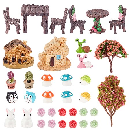 Gorgecraft Resin Succulent Micro Landscape Dollhouse Ornaments, including Table & Chair, House, Snail, Hedgehog, Rose Flower, Mushroom, Owl, Rabbit, Tree, Bonsai, Mixed Color, 10~97x10~50x5~50mm
