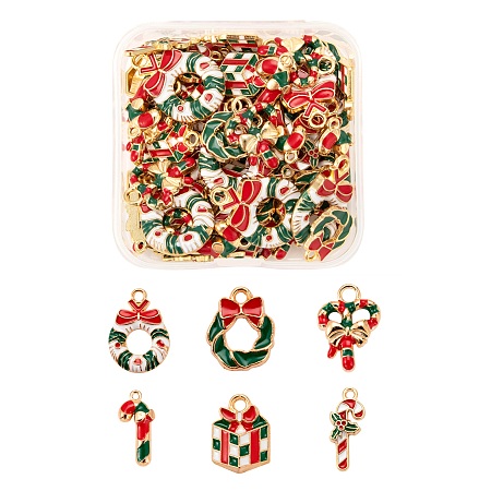 ARRICRAFT 60Pcs/Box 6 Styles Light Gold Christmas Theme Alloy Enamel Pendants, Christmas Wreath with Bowknot & Candy Cane, Mixed Color, 10pcs/style