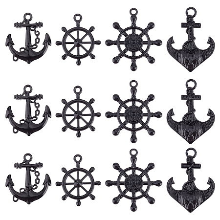 SUPERFINDINGS 24Pcs 4 Styles Alloy Pendents, Anchor & Helm, Electrophoresis Black, 28~39x24~34x2.5mm, Hole: 2~4mm, 6pcs/style