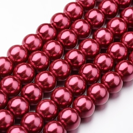 Honeyhandy Eco-Friendly Dyed Glass Pearl Round Bead Strands, Cotton Cord Threaded, Fuchsia, 8mm, Hole: 1.2~1.5mm, about 52pcs/strand, 15 inch