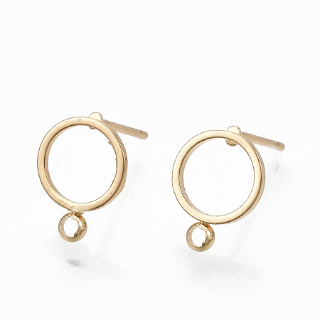 Honeyhandy Brass Stud Earring Findings, with Loop, Ring, Real 18K Gold Plated, 12.5x10mm, Hole: 1.4mm, Pin: 0.7mm