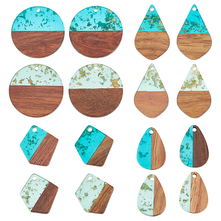 PandaHall Elite 16Pcs Wood Pendants 4 Styles Resin Wooden Earring Pendants Polygon Flat Round Teardrop Vintage Resin Walnut Wood Charms with Gold Foil for Necklace Earring Jewellery DIY Craft Making
