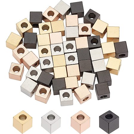 DICOSMETIC 48Pcs 4 Color Stainless Steel Cube Beads Large Hole Loose Spacer Beads Square Slide Beads for Bracelet Necklace Jewelry Making, Hole:3mm