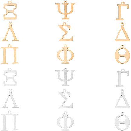 UNICRAFTALE 18pcs 9 Styles 2 Colors 304 Stainless Steel Letter Charms，Metal Pendants and Greek Alphabet Charms for Bracelets, Necklaces and Earrings Making Craft