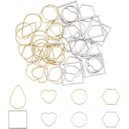 UNICRAFTALE 48pcs 5 Styles 2 Colors Teardrop/Heart/Ring/Hexagon/Square Linking Rings Stainless Steel Connectors Metal Frames Connectors for Necklace Earrings Jewelry Making