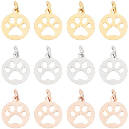 UNICRAFTALE 12pcs 3 Colors Flat Round with Dog Paw Prints Charms Metal Hypoallergenic Hollow Pendants Stainless Steel Pendants 4mm Hole
