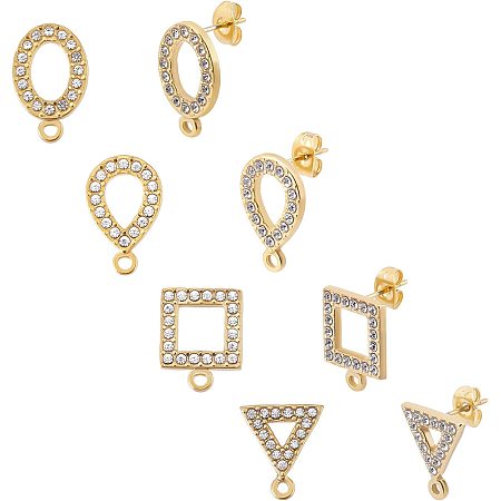UNICRAFTALE 8pcs 4 Styles Golden Stud Earring with Rhinestone Stainless Steel Earrings with Loop and Ear Nuts Crystal Earring for Jewelry Making 1.5mm Hole
