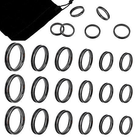 UNICRAFTALE 18pcs 6 Sizes Blank Core Ring Electrophoresis Black Stainless Steel Finger Ring with Velvet Pouches Hypoallergenic Inlay Ring Round Grooved Empty Ring Blanks for Jewelry Making