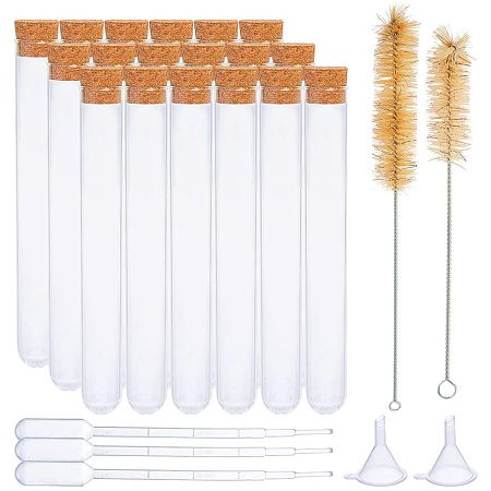 BENECREAT 30Pcs 20ml Clear Test Tubes with Cork Stoppers Lab Clear Test Tube with 10Pcs Pipette, 2Pcs Hopper, 2Pcs Brush for Arts, Crafts Spices Seeds Liquids Bead, 150x200mm