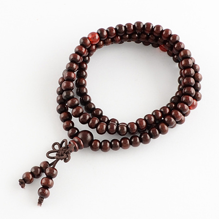 Honeyhandy Dual-use Items, Wrap Style Buddhist Jewelry Wood Round Beaded Bracelets or Necklaces, Dark Red, 520mm, 108pcs/bracelet