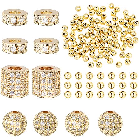 NBEADS 10 Pcs Cubic Zirconia Beads and 100pcs Round Brass Beads, 8K Gold Plated Flat Round Brass Spacer Beads Hexagon Charms Pave Micro CZ Disco Ball Beads for Jewelry Making