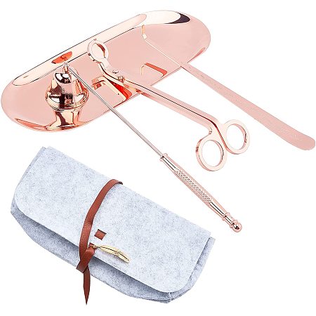 CRASPIRE Iron Candle Making Tools Set, with Wick Scissor, Wick Hook, Extinction Hood & Tray, with Felt Foldable Storage Bags, Rose Gold, Wick Scissor: 180x56x40mm, Wick Hook: 200x17x1mm, Extinction Hood: 230x39mm, Tray: 230x94x9mm
