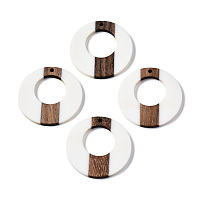Honeyhandy Opaque Resin & Walnut Wood Pendants, Two Tone, Donut, White, 35x3mm, Hole: 2mm