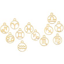 SUNNYCLUE 201 Stainless Steel Charms, Flat Round with Constellation, Golden, 13.4x10.8x1mm, Hole: 1.5mm, 12constellations, 1pc/constellation, 12pcs/box