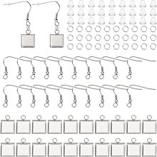 DICOSMETIC 100Pcs Blank Earring Wire Hooks Stainless Steel Square Bezel Trays 100Pcs Open Jump Ring and 100Pcs Plastic Ear Nuts Dangle Earrings Set for DIY Earrings, Hole: 2.3mm