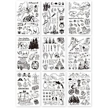 GLOBLELAND 9Pcs Outdoor Adventure Silicone Clear Stamps with Mountain Human Animal Tents Tools Lighthouses Sailing Boats Style for Card Making DIY Scrapbooking Album Decor,6.3x4.3 Inches