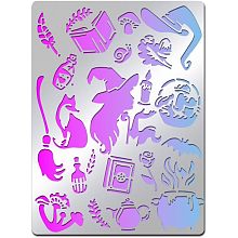 BENECREAT Halloween Witch Theme Stainless Steel Metal Stencils, 5.5x7.5inch Stencil Template Journal Tool for Painting Wood Burning, Pyrography and Engraving