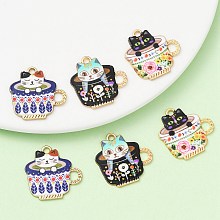 Honeyhandy 6Pcs 3 Style Japanese Style Print Alloy Enamel Pendants, Cup with Cat, Cadmium Free & Lead Free, Golden, Mixed Color, 22.7x22.5x1.8mm, Hole: 1.8mm, 2pcs/style