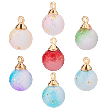 SUNNYCLUE 70Pcs 7 Colors Two Tone Transparent Spray Painted Glass Pendants, with Light Gold Plated Brass Findings, Frosted, with Glitter Powder, Round, Mixed Color, 12x8mm, Hole: 2mm, 10pcs/colors