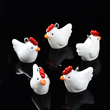 Honeyhandy Opaque Resin Pendants, with Platinum Tone Iron Loop, 3D Chick, White, 19~20x23x13mm, Hole: 1.8mm