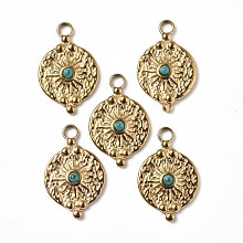 Honeyhandy Vacuum Plating 201 Stainless Steel Natural Turquoise Pendants, Real 18K Gold Plated, Flat Round with Sun Charms, 25x16x4mm, Hole: 3mm