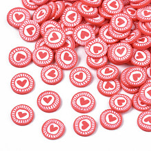 Honeyhandy Handmade Polymer Clay Cabochons, Fashion Nail Art Decoration Accessories, FLat Round with Heart, Red, 5~6x0.5mm, about 2000pcs/50g