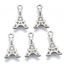 Honeyhandy 201 Stainless Steel Charms, Laser Cut, Eiffel Tower, Stainless Steel Color, 12x7x0.7mm, Hole: 1.4mm