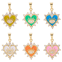 NBEADS 6 Pcs Heart Evil Eye Charms, 6 Colors Real 18K Gold Plated Charms Brass Clear Cubic Zirconia Pendants for Earring Necklace Jewelry Making