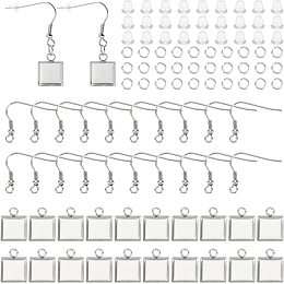 DICOSMETIC 100Pcs Blank Earring Wire Hooks Stainless Steel Square Bezel Trays 100Pcs Open Jump Ring and 100Pcs Plastic Ear Nuts Dangle Earrings Set for DIY Earrings, Hole: 2.3mm