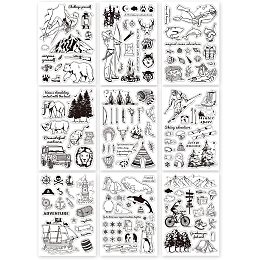 GLOBLELAND 9Pcs Outdoor Adventure Silicone Clear Stamps with Mountain Human Animal Tents Tools Lighthouses Sailing Boats Style for Card Making DIY Scrapbooking Album Decor,6.3x4.3 Inches