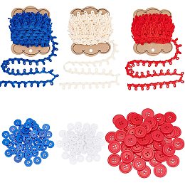 PandaHall Elite 4th of July Braid Trim with Button Loops 30 Yard Gimp Elastic Lace Trim Zipper Extender Upholstery Trim with 150pcs Sewing Buttons for Independence Day Dress Costume Clothes Decoration