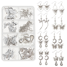 SUNNYCLUE 1 Box DIY 8 Pairs Filigree Butterfly Charms 3D Hollow Butterflies Earring Making Kit Open Crescent Moon and Star Links for Jewelry Making Teardrop Cubic Zirconia Charms Starters Instruction