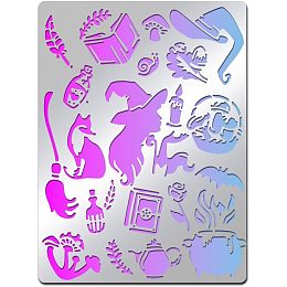 BENECREAT Halloween Witch Theme Stainless Steel Metal Stencils, 5.5x7.5inch Stencil Template Journal Tool for Painting Wood Burning, Pyrography and Engraving