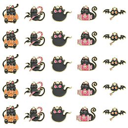 25Pcs 5 Styles Alloy Enamel Pendants, Golden, Cat with Candy & Bat & Ghost & Pumpkin Charm, Black, 20~25x28~34mm, 5pcs/style