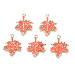 Honeyhandy Autumn Theme Rack Plating Alloy Enamel Pendants, Cadmium Free & Nickel Free & Lead Free, Maple Leaf, Coral, 25x20x1.5mm, Hole: 1.8mm