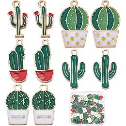 SUNNYCLUE 1 Box 50Pcs 5 Style Alloy Enamel Cactus Charm Beads Bulk Gold Tropical Summer Desert Plant Charms Tropical Pendants for Jewelry Making Earring Necklace Bracelet Keychain DIY Craft Supply