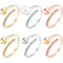 CHGCRAFT 6Pcs 3 Colors Adjustable Finger Ring Blank Bases Brass Ring Settings Without Stones for Half Drilled Beads Pearl Jewelry Ring Making, US Size 7, Tray: 6mm