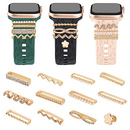 PandaHall Elite 12pcs Watch Band Charms, Golden Decorative Rings Loops Flower/Wave/Rectangle Crystal Rhinestone Watch Band Ornament Alloy Watch Strap Charm Accessories for Women Silicone Bands