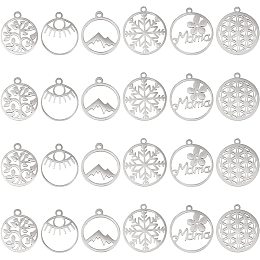 DICOSMETIC 24Pcs 6 Style Stainless Steel Ring with Snowflake Charm Flower of Life Pendant Flat Round with Mountain Charm for DIY Crafting Bracelet Jewelry Making