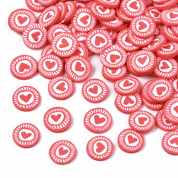 Honeyhandy Handmade Polymer Clay Cabochons, Fashion Nail Art Decoration Accessories, FLat Round with Heart, Red, 5~6x0.5mm, about 2000pcs/50g