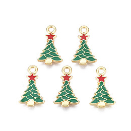 Honeyhandy Rack Plating Alloy Enamel Pendants, Cadmium Free & Nickel Free & Lead Free, Light Gold, Christmas Tree with Star, Dark Green, 20x11.5x2.5mm, Hole: 2mm