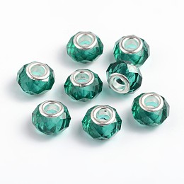 Handmade Glass European Beads, Large Hole Beads, Silver Color Brass Core, Dark Cyan, 14x8mm, Hole: 5mm