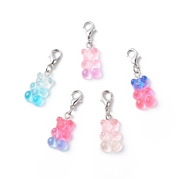 Honeyhandy Transparent Gradient Color Resin Bear Pendant Decorations, Lobster Clasp Charms, Clip-on Charms, for Keychain, Purse, Backpack Ornament, Stitch Marker, Mixed Color, 34mm