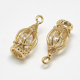 Honeyhandy Brass Charms, with Cubic Zirconia, Hollow, Birdcage, Clear, Real 18K Gold Plated, 15x7.5x7.5mm, Hole: 1.5mm