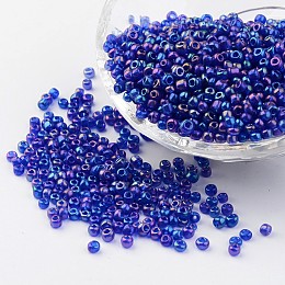 Honeyhandy Round Trans. Colors Rainbow Glass Seed Beads, Blue, Size: about 3mm in diameter, hole: 1mm, about 1102pcs/50g