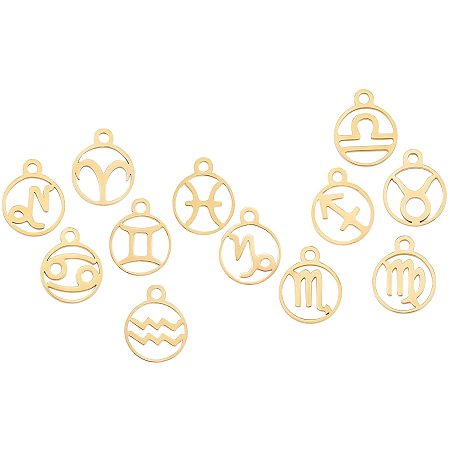 SUNNYCLUE 201 Stainless Steel Charms, Flat Round with Constellation, Golden, 13.4x10.8x1mm, Hole: 1.5mm, 12constellations, 1pc/constellation, 12pcs/box
