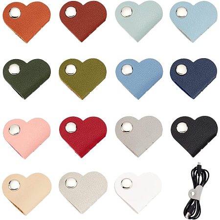 AHANDMAKER 15 Pcs Heart Cord Organizer, Cord Keeper Earbud Holder Headphone Cable Straps Wire Organizer Earphones Winder Leather Cable Management Storage Straps for Electronics Earbuds USB