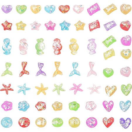 SUNNYCLUE 1 Box 60Pcs 10 Styles Candy Cabochon Bulk Colorful Resin Heart Star Rainbow Round Flower Mermaid Tail Slime Charms Flatback for DIY Embellishments Crafts Supplies, Random Style