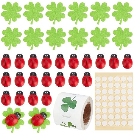 arricraft About 150 Pcs Felt Shamrock Clover, Ladybug Wood Cabochons Jewelry Making Kit with Clover Stickers and Seamless Double-Sided Adhesive for DIY Art Craft